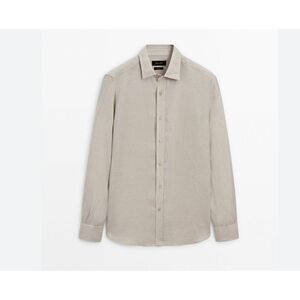 Massimo Dutti Mens Shirt L Large Button Up Linen regular fit Beige 0187/446 NWT